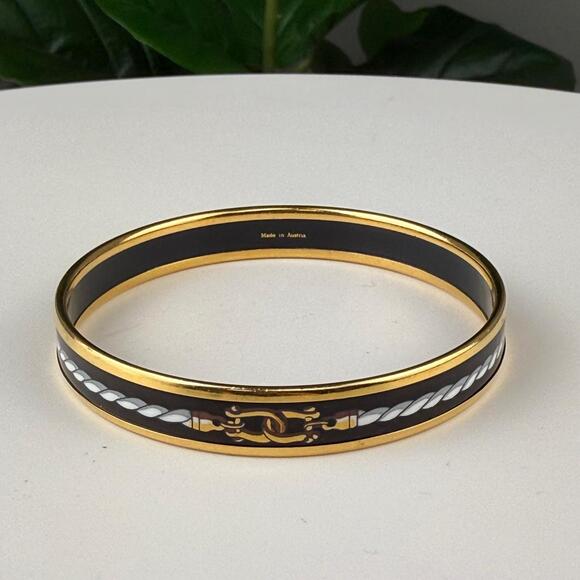 💎✨Authentic Hermes Enamel Printed Rope Chain Link Narrow Bangle 65 Black - Picture 2 of 3